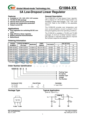 G1084-15T53U datasheet - 5A Low-Dropout Linear Regulator