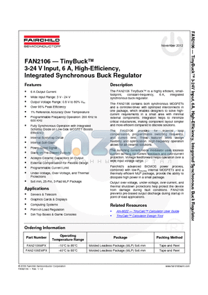 FAN2106_12 datasheet - TinyBuck 3-24 V Input, 6 A, High-Efficiency, Integrated Synchronous Buck Regulator