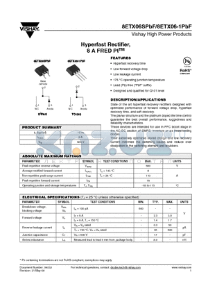 8ETX06STRLPBF datasheet - Hyperfast Rectifier, 8 A FRED PtTM