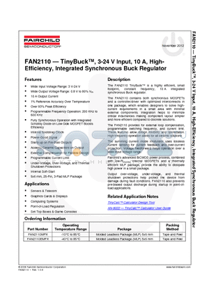 FAN2110EMPX_12 datasheet - TinyBuck, 3-24 V Input, 10 A, High- Efficiency, Integrated Synchronous Buck Regulator