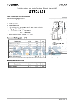 GT50J121 datasheet - TOSHIBA Insulated Gate Bipolar Transistor Silicon N Channel IGBT