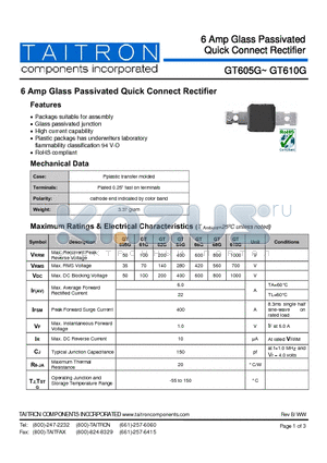 GT62G datasheet - 6 Amp Glass Passivated Quick Connect Rectifier