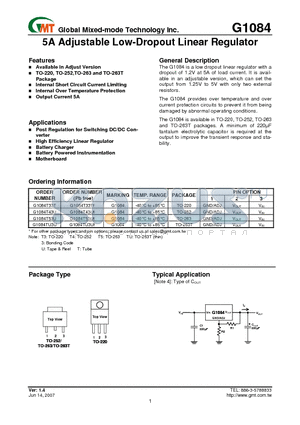 G1084T43U datasheet - 5A Adjustable Low-Dropout Linear Regulator