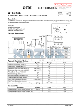 GT6924E datasheet - N-CHANNEL MOSFET WITH SWITCHING DIODE