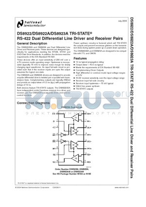 DS8922N datasheet - RS-422 Dual Differential Line Driver and Receiver Pairs