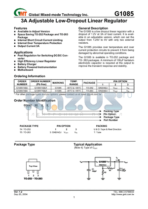 G1085 datasheet - 3A Adjustable Low-Dropout Linear Regulator