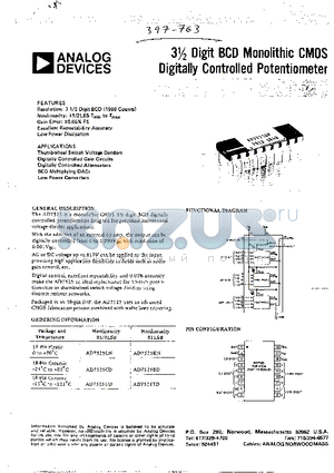 AD7525LN datasheet - 3 1/2 Digit BCD Monolithic CMOS Digitally Controlled Potentiometer