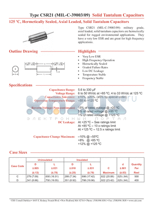 CSR21 datasheet - Solid Tantalum Capacitors 125 C, Hermetically Sealed, Axial Leaded, Solid Tantalum Capacitors