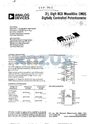 AD7525TD datasheet - 3 1/2 Digit BCD Monolithic CMOS Digitally Controlled Potentiometer