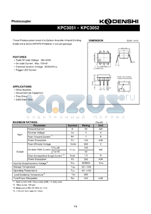 KPC3051 datasheet - Photocoupler(These Photocouplers cosist of a Gallium Arsenide Infrared Emitting)