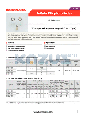 G10899-005K datasheet - Wide spectral response range (0.5 to 1.7 lm)