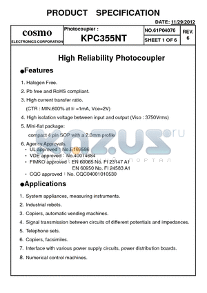 KPC355NT_12 datasheet - High Reliability Photocoupler