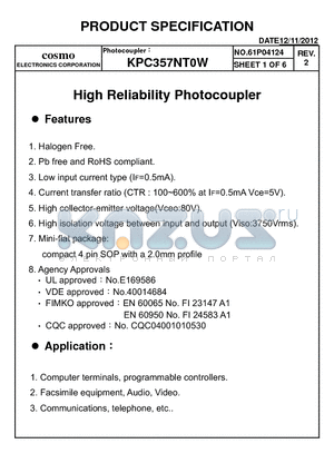 KPC357NT0W datasheet - High Reliability Photocoupler