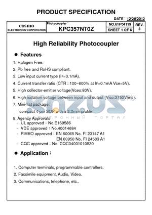 KPC357NT0Z datasheet - High Reliability Photocoupler