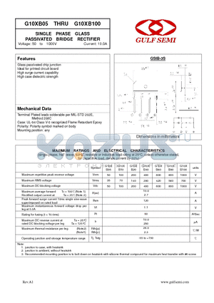 G10XB05 datasheet - SINGLE PHASE GLASS PASSIVATED BRIDGE RECTIFIER Voltage: 50 to 1000V Current: 10.0A