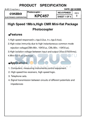 KPC457 datasheet - High Speed 1Mb/s,High CMR Mini-flat Package Photocoupler