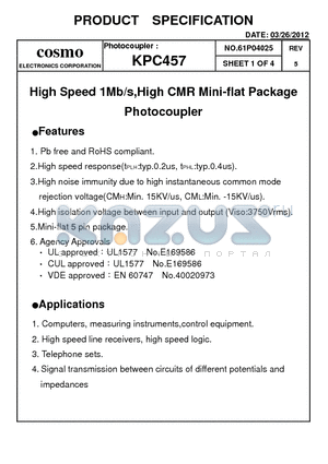 KPC457_12 datasheet - High Speed 1Mb/s,High CMR Mini-flat Package