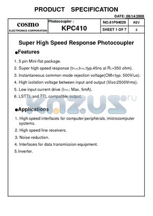 KPC410 datasheet - Super High Speed Response Photocoupler