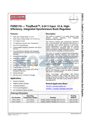 FAN2110_12 datasheet - TinyBuck, 3-24 V Input, 10 A, High- Efficiency, Integrated Synchronous Buck Regulator