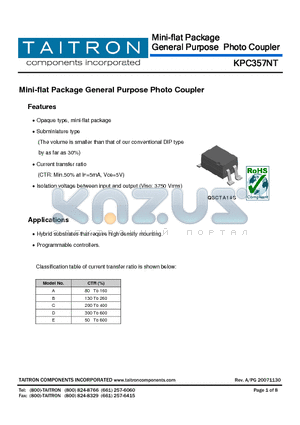 KPC357NT datasheet - Mini-flat Package General Purpose Photo Coupler