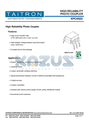KPC4N33 datasheet - High Reliability Photo Coupler