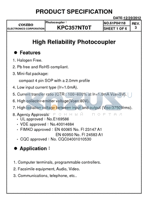 KPC357NT0T datasheet - High Reliability Photocoupler