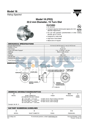 18A11B10 datasheet - Model 18 (PR2) 22.2 mm Diameter, 15 Turn Dial
