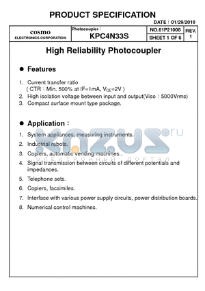 KPC4N33S datasheet - High Reliability Photocoupler