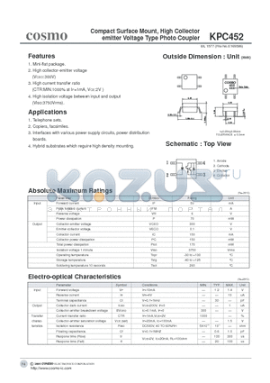 KPC452 datasheet - Compact Surface Mount, High Collector emitter Voltage Type Photo Coupler