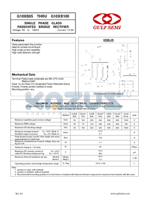 G10XB20 datasheet - SINGLE PHASE GLASS PASSIVATED BRIDGE RECTIFIER Voltage: 50 to 1000V Current: 10.0A