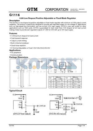 G1116 datasheet - 0.6A Low Dropout Positive Adjustable or Fixed-Mode Regulator