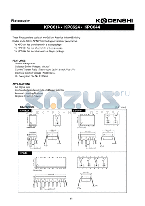 KPC614 datasheet - Photocoupler(These Photocouplers cosist of two Gallium Arsenide Infrared Emitting)