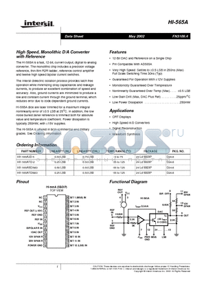 HI1-565AJD-5 datasheet - High Speed, Monolithic D/A Converter with Reference