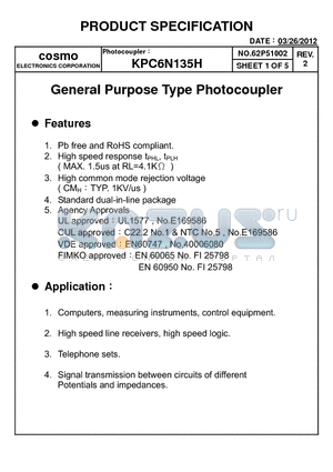 KPC6N135H datasheet - General Purpose Type Photocoupler