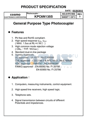 KPC6N135S datasheet - General Purpose Type Photocoupler