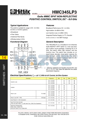 345LP3E datasheet - GaAs MMIC SP4T NON-REFLECTIVE POSITIVE CONTROL SWITCH, DC - 8.0 GHz