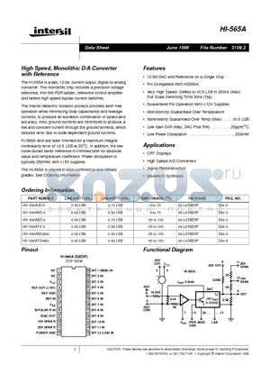 HI1-565ASD/883 datasheet - High Speed, Monolithic D/A Converter with Reference