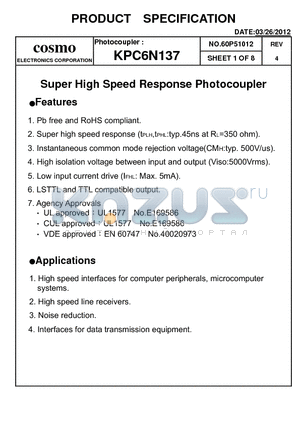 KPC6N137 datasheet - Super High Speed Response Photocoupler