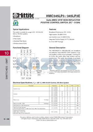 345LP3E datasheet - GaAs MMIC SP4T NON-REFLECTIVE POSITIVE CONTROL SWITCH, DC* - 8 GHz