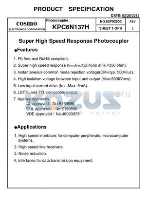 KPC6N137H datasheet - Super High Speed Response Photocoupler