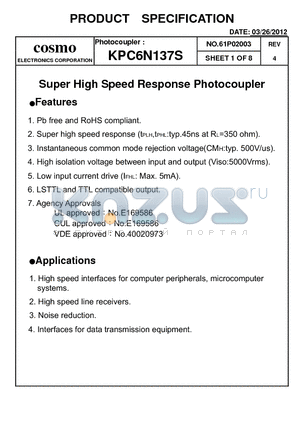 KPC6N137S datasheet - Super High Speed Response Photocoupler