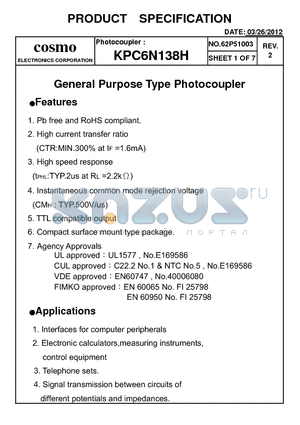 KPC6N138H datasheet - General Purpose Type Photocoupler