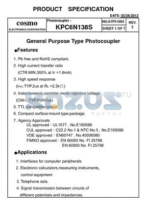 KPC6N138S datasheet - General Purpose Type Photocoupler