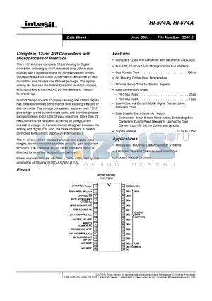 HI1-574AJD-5 datasheet - Complete, 12-Bit A/D Converters with Microprocessor Interface