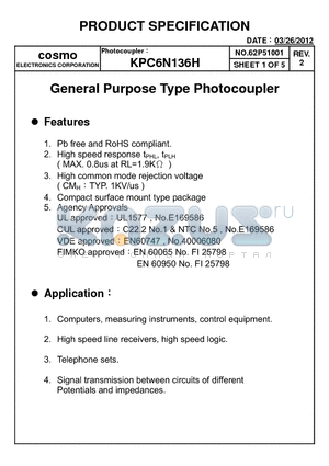 KPC6N136H datasheet - General Purpose Type Photocoupler