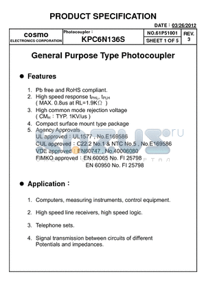 KPC6N136S datasheet - General Purpose Type Photocoupler