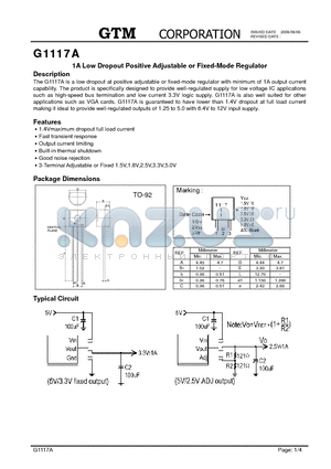 G1117A datasheet - 1A Low Dropout Positive Adjustable or Fixed-Mode Regulator