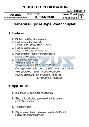 KPC6N139H datasheet - General Purpose Type Photocoupler
