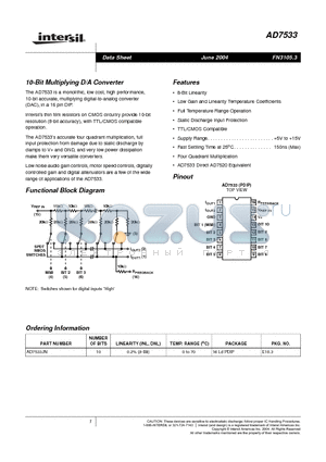 AD7533JN datasheet - 10-Bit Multiplying D/A Converter