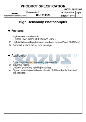 KPC815S datasheet - High Reliability Photocoupler